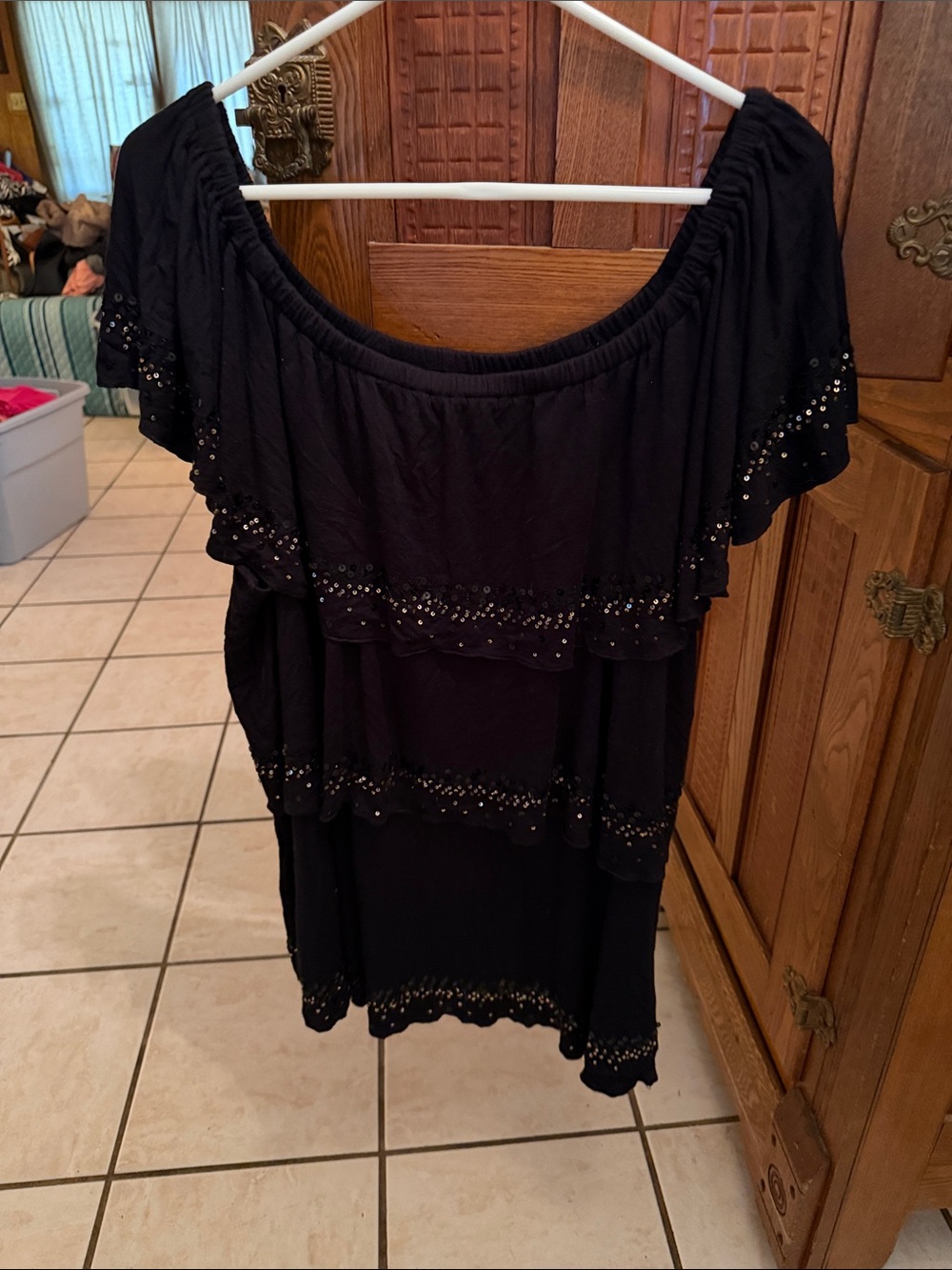 Karen Kane Black Off-Shoulder Ruffle Tunic with Eyelet Trim